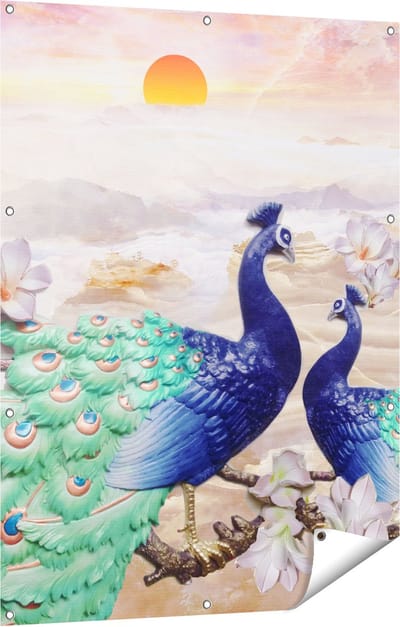 Gards Tuinposter Twee Pauwen bij Elkaar met Bloemen - Liefde - 90x120 cm - Tuindoek - Tuindecoratie - Wanddecoratie buiten - Tuinschilderij