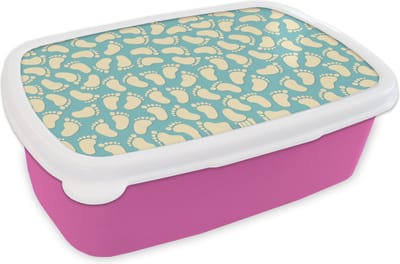 Broodtrommel Roze - Lunchbox - Brooddoos - Patronen - Voet - Blauw - Jongens - Kinderen - Kids - Jongetje - 18x12x6 cm - Kinderen - Meisje