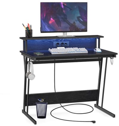 Signature Home Gaming Tafel met LED - Bureau met stopcontactvoor - Bureau met LED - zwart -55 x 135 x 76 cm