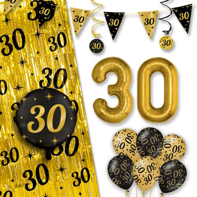 LUQ – All-Out Glam Set 30 Jaar – Zwart-Goud Verjaardag Decor – Luxe Feestpakket Ballonnen-Slingers-Vlaggenlijn-Gordijn