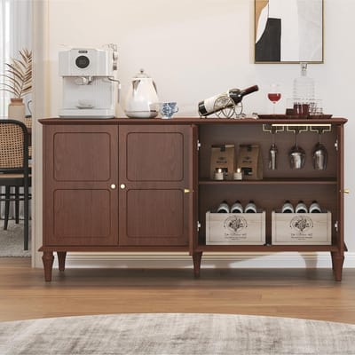 Dressoir Wijnkast met Wijnglashouder en 4 Deuren – 147x39x77 cm – Houten Buffetkast met Verstelbare Planken en Mid-Century Design – Bruin Opbergkast voor Woonkamer, Eetkamer en Keuken – Bella
