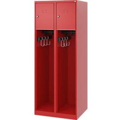 Brandweerkluis C+P Evolo Youngster, 2 vakken, zonder helmhouder, vloerglijders, B 600 x D 500 x H 1530 mm, RAL 3000 vuurrood