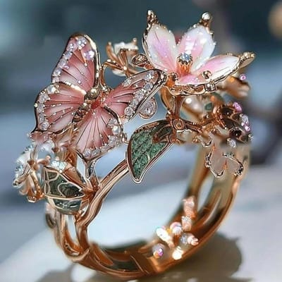 Prachtige Bloem Vlinder Ring, Modieuze Verstelbare Ring Met Een Open Mond, Gepersonaliseerde Decoratieve Armband Voor Vrouwen rosé gouden kleur