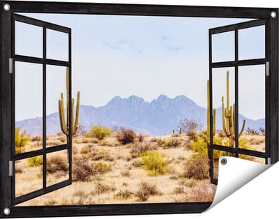 Gards Tuinposter Doorkijk Cactussen in de Woestijn - 90x60 cm - Tuindoek - Tuindecoratie - Wanddecoratie buiten - Tuinschilderij