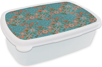 Broodtrommel Wit - Lunchbox - Brooddoos - Bohemian - Bloemen - Oranje - Retro - Design - 18x12x6 cm - Volwassenen
