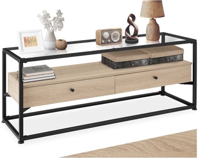 tectake® TV-meubel met 2 lades en glazen blad - Lowboard met 2 niveaus voor TV's - Houten TV-dressoir - Industrieel design - Zwart metalen frame - Afmeting (LxBxH) 121,5 x 41,5 x 50,5 cm - Lichtbruin