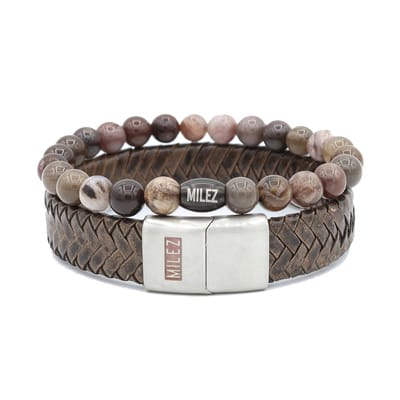 Milez - Armband set mannen - armband heren leer kralen - Bruin - Maat S