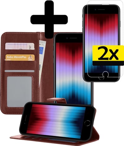 Hoesje - Met 2x Screenprotector - Geschikt voor Apple iPhone SE (2022) - Luxe Pasjeshouder - Bookcase Portemonee - Flip Case - Kunstleer Book Case - Flipcase Hoes - Book Cover - Walletcase - Portemonneehoes - Telefoonhoesjes - Bruin