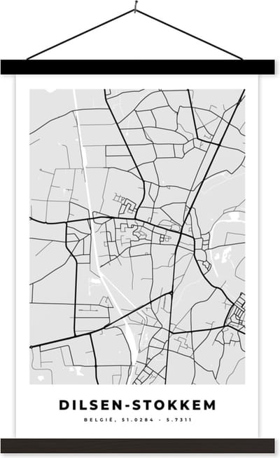 Posterhanger incl. Poster 40x60 cm - Schoolplaat - Zwart Wit – België – Plattegrond – Stadskaart – Kaart – Dilsen Stokkem - Textielposter - Zwarte latten - Stadskaart
