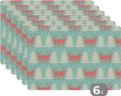 Placemat - Placemats kunststof - Hert - Patroon - Roze - 45x30 cm - 6 stuks - Hittebestendig - Anti-Slip - Onderlegger - Afneembaar