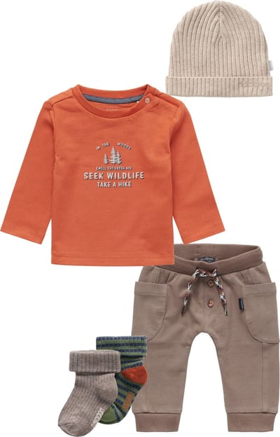 Noppies - Kledingset - 5delig - Broek Jordrup Burly wood - Longsleeve Jan Phyl Bombay Brown - Beanie Joliet Sand Melange - Sokken Jerzu Burly wood - Maat 80