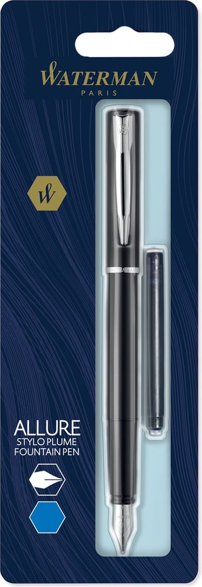 Waterman Allure-vulpen | Zwarte lak | Fijne punt | Blauwe inkt