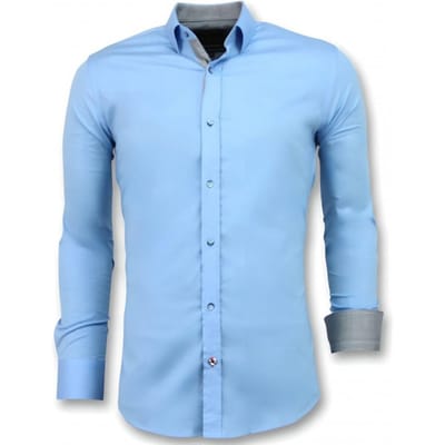 Slim Fit Overhemd Heren - Heren Blouse met Lange Mouwen - 3040 - Blauw Overhemd Heren