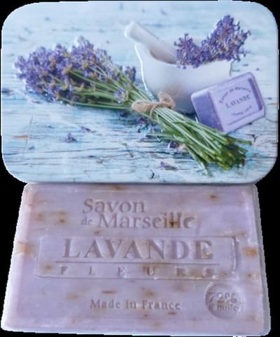 Metalen zeepblik met opdruk Brin de Lavande met Marseillezeep Lavendel 100 gram