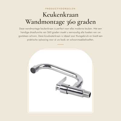 Dailygoods- Keukenkraan Wandmontage - Enkele Koudwaterkraan - 360 Graden Draaiend - Messing Structuur - Roestvrij Staal - Eenvoudig Te Installeren - Waterkraan
