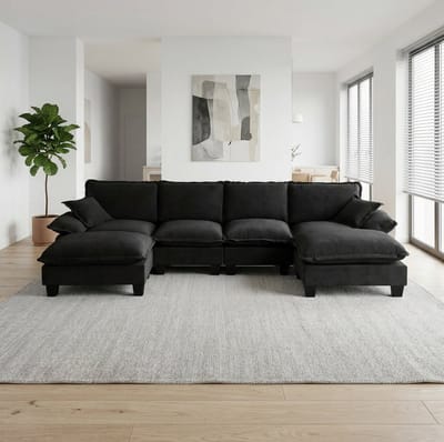 HAUSS SPOLE U-Bank - Modulaire Cloud Hoekbank - 6-Zits Met Verplaatsbare Ottomaan - Voor Woonkamer En Appartement - Chenille Zwart