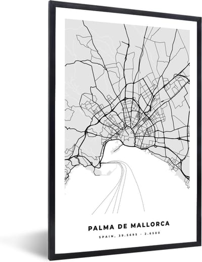 Fotolijst incl. Poster Zwart Wit- Mallorca - Stadskaart - Zwart Wit - Plattegrond - Kaart - 40x60 cm - Posterlijst