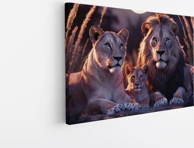 Saammp Canvas Schilderij - Leeuwen Familie - Natuur - Dieren - 45x30 - Foto op canvas - Wanddecoratie - Muurdecoratie Woonkamer - Slaapkamer decoratie - Canvas Print