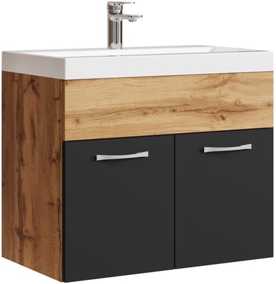 Badplaats Badkamermeubel Montreal 60 x 35 cm – Eiken met Mat Zwart – Wastafel met Onderkast