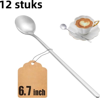 12 stuks - Lepels - Roestvrijstalen lepels met lange steel - Geschikt voor koffie, honing, desserts - Ideaal cadeau - 17 cm - zilver