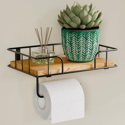 Famanu – Toiletrolhouder met plank en box voor vochtige doekjes, wandmontage, hout, zwart