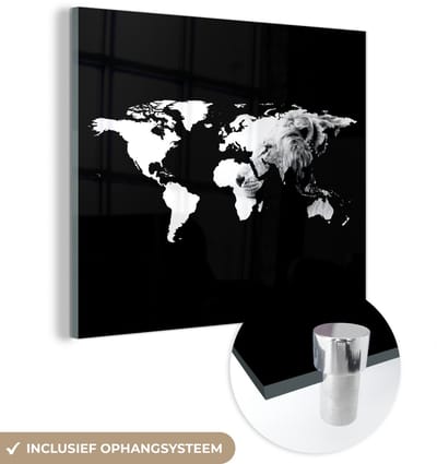 ® Glasschilderij 90x90 cm - Schilderij acrylglas - Wereldkaart - Leeuw - Zwart Wit - Foto op glas - Muurdecoratie woonkamer - Wanddecoratie slaapkamer - Schilderijen