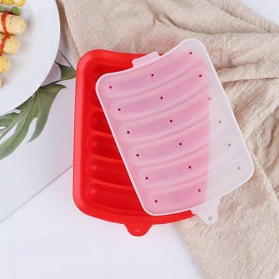 Moule à Saucisse 6 Cavités Silicone DIY Jambon Hot Dog Moules de Fabrication avec Couvercle Ustensiles de Cuisine Ménage Saucisses Gâteaux Moules Fabricant de Saucisse Color rouge