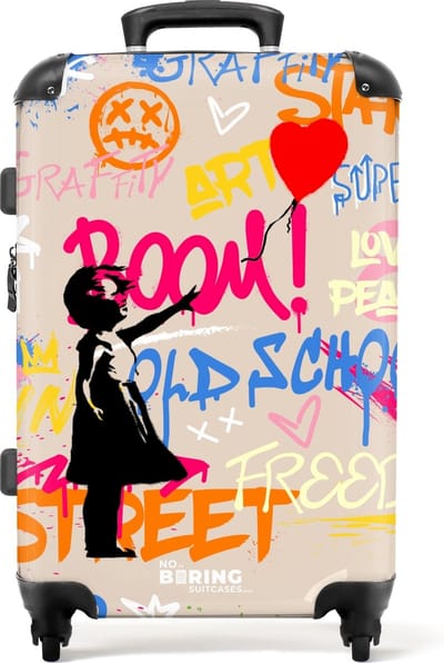 NoBoringSuitcases.com® - Koffer groot - Rolkoffer lichtgewicht - Meisje met ballon voor graffiti art - Reiskoffer met 4 wielen - Grote trolley XL - 20 kg bagage
