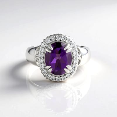 Cavill - Zilveren Ring - 925 Sterling Zilver - Zambia Amethist 1,935 ct Ovaal - 22 Cambodja Zirkonia's Pavé - Elegant Damesring Luxe Sieraad