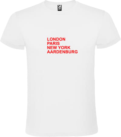 Wit T-Shirt met “ LONDON, PARIS, NEW YORK, AARDENBURG “ Afbeelding Rood Size XS