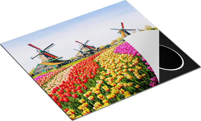 Chefcare Inductie Beschermer Kleurrijke Tulpen Bloemenveld - Windmolen - 60x50 cm - Afdekplaat Inductie - Kookplaat Beschermer - Inductie Mat
