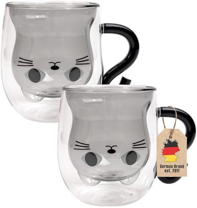 Intirilife 2x thermo glas dubbelwandig met kat design in zwart - 200ml inhoud - geïsoleerde glazen mok hittebestendig voor koude en warme dranken koffie kop thee kop drinkglas