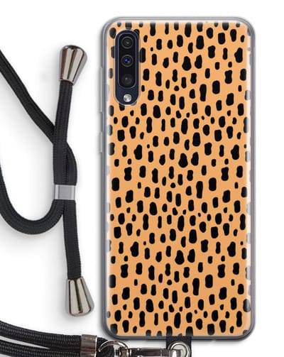 Case Company® - Hoesje met koord geschikt voor Samsung Galaxy A50 hoesje met Koord - Panter - Telefoonhoesje met Zwart Koord - Bescherming aan alle Kanten en Over de Schermrand