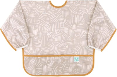 Bumkins Sleeved Bib - Waterdichte Mouwslab met Opvangbakje - Slab met Lange Mouwen - Knoeislab en Slabbetje voor Baby en Peuter - Kliederschort - Machinewasbaar - Baby Led Weaning BLW - Wander Gestreept - Beige Wit - 6-24 maanden