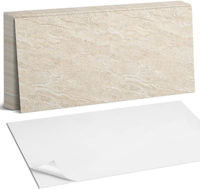 Coloray Plaktegels - Natuursteenpatroon Zelfklevende Wandtegels - 40 cm x 20 cm - Romig Plaktegels - 10 stuks - Rechthoek PVC Tegels - Plaktegels Badkamer - Vloertegels Zelfklevend - Vinyl Tegels - Portugese Tegels