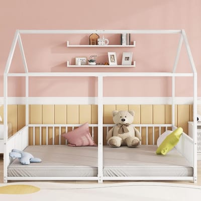 Stapelbed Hut - Bunk bed kids - Ruimte Besparen - Met Hek - 90x200 cm - Wit