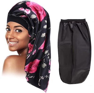Dailygoods - 2 Stuks Slaapmuts Lange Satijnen Motorkap Zijden Motorkap Voor Slapen Nachtslaaphoed Verstelbare Zijden Motorkap Slaapmuts Hoofddeksels Elastische Band Voor Dames En Meisjes (Zwart, Bloem)-2