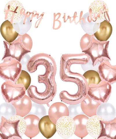 Snoes Ballonnen 35 Jaar Rose Gold White Dots - Compleet Feestpakket met cijfer ballon 35 jaar - Verjaardag Versiering Slinger Happy Birthday – Folieballon – Latex Ballonnen - Helium Ballonnen - Rose Feestpakket