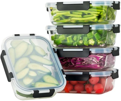 Gloovon® - Vershoudbakjes Glas - met Deksel - Meal Prep Bakjes - Diepvriesbakjes - Luchtdicht - BPA Vrij - 1040 ML - Glas - 5 stuks