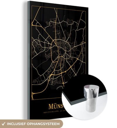 MuchoWow® Glasschilderij 40x60 cm - Schilderij acrylglas - Kaart - Münster - Goud - Zwart - Foto op glas - Schilderijen