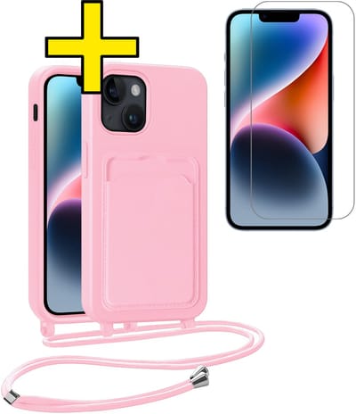 Hoesje Geschikt voor iPhone 13 Telefoonhoesje Met Koord Case Pashouder Met Screenprotector Siliconen - Hoes Geschikt voor iPhone 13 Hoesje Met Kaarthouder - Lichtroze