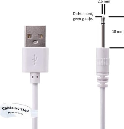 OneOne 0,8m laadkabel met 18mm lange pin. Witte oplader kabel. Oplaadkabel snoer past op waterdichte douche bad radio speaker. Waterproof voor in de badkamer of bluetoothspeaker voor buiten. Vibrator / dildo
