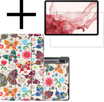 Hoes - Geschikt voor Samsung Galaxy Tab S8 - Met Screenprotector - Trifold Bookcase - Hard Cover - Hardcover Book Case - Tablet Hoesje - Vlinders