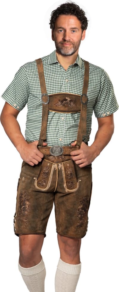 Tannhauser Lederhose Kitzbuhel Kort met Riem en Bretels 100% Echt Runderleder Oktoberfest Heren Lederhosen Man Carnavalskleding Heren - Runderleer - Bruin - Maat XS/46