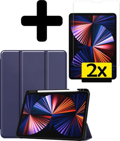 Hoes - Geschikt voor Apple iPad Pro (2021) - 11 inch - 3e generatie - Met Screenprotector - Trifold Bookcase - Hard Cover Case - Met Uitsparing Geschikt voor Apple Pencil - Hardcover Book - Tablet Hoesje - Donkerblauw