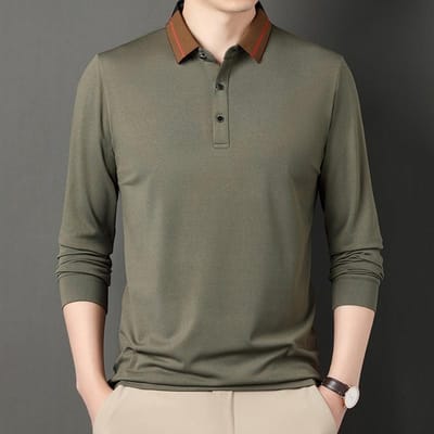 Lente en Herfst Heren T-shirt met Lange Mouwen Middengroen Casual Effen Kleur Revers Poloshirt Onderlaag Heren Top 4XL gray