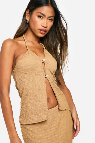 boohoo Dames Textured Crinkle Halter & Flared Hem Maxi Rok | Camel | Maat: 34