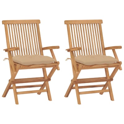 vidaXL - Opklapbare - stoelen - met - beige - kussens, - 2 - stuks, - massief - teakhout