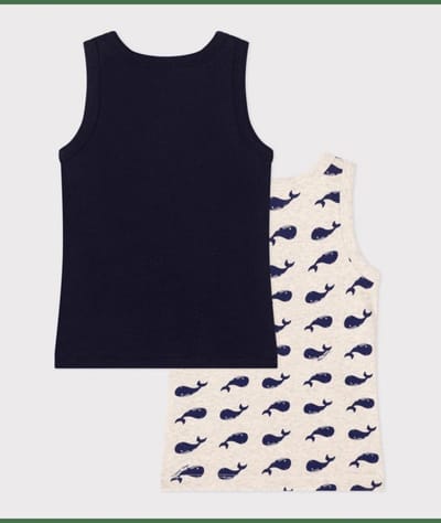 Petit Bateau Setje met 2 katoenen kinderhemdjes met walvisprint Jongens Onderhemd - Blauw + Beige/Blauw