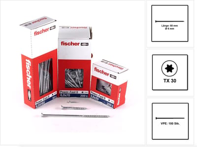 Fischer 670485 spaanplaatschroef Power-Fast II 6,0 x 80 TX30 - verzonken kop - deeldraad - blauw verzinkt (100st)